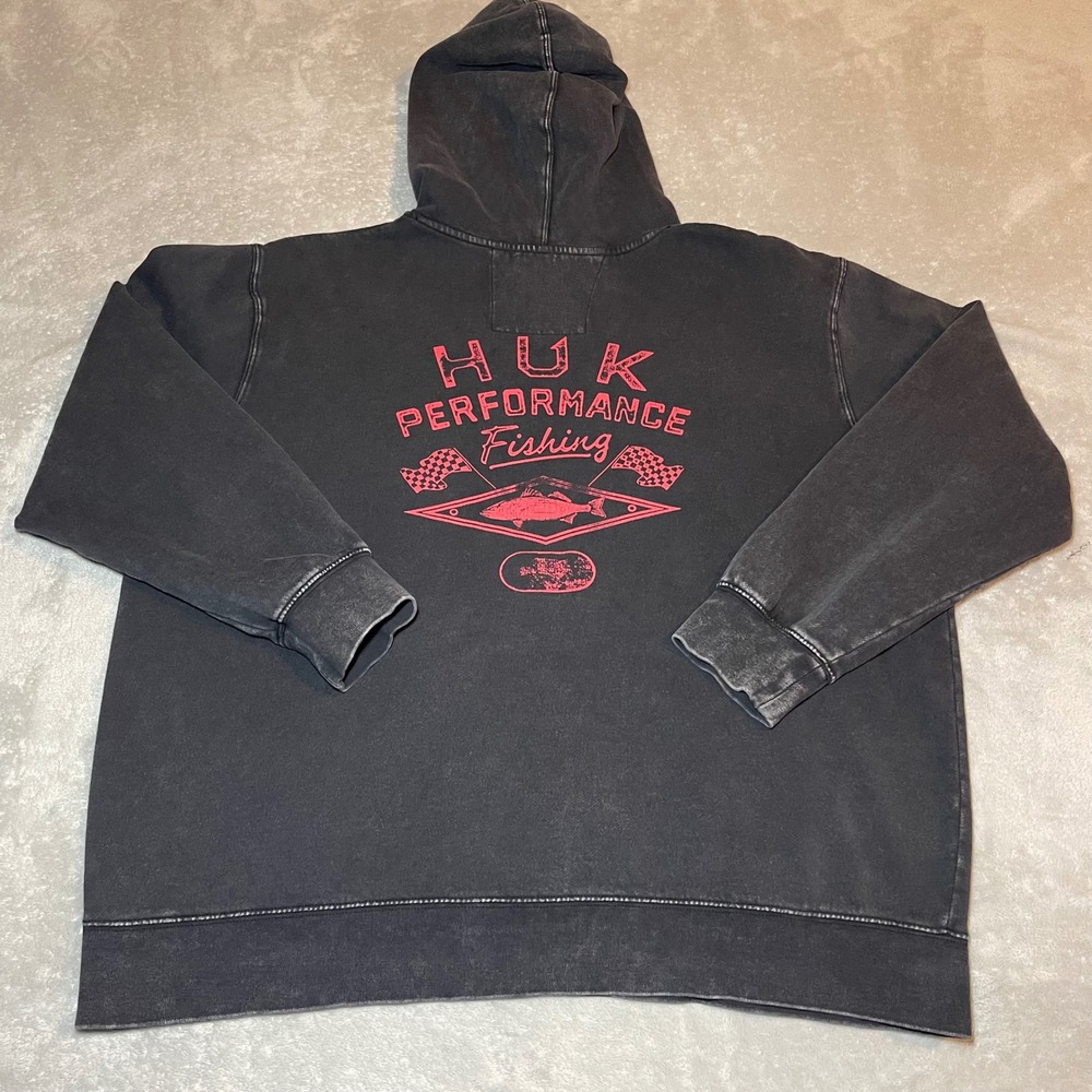 Huk Performance Fishing Hoodie Men XL Faded Black Red Graphic Sweatshirt Outdoor